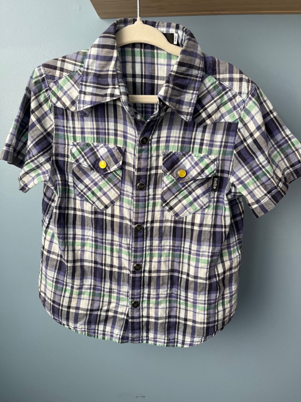 BeBe Navy, Green & White Plaid Short-Sleeve Button Shirt